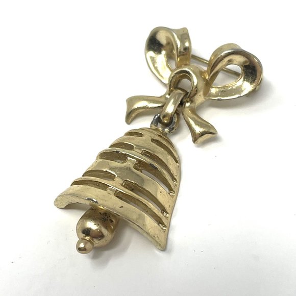 Vintage Gold Tone Bow with Moving Bell and Clapper Christmas Articulated Brooch - Picture 2 of 6